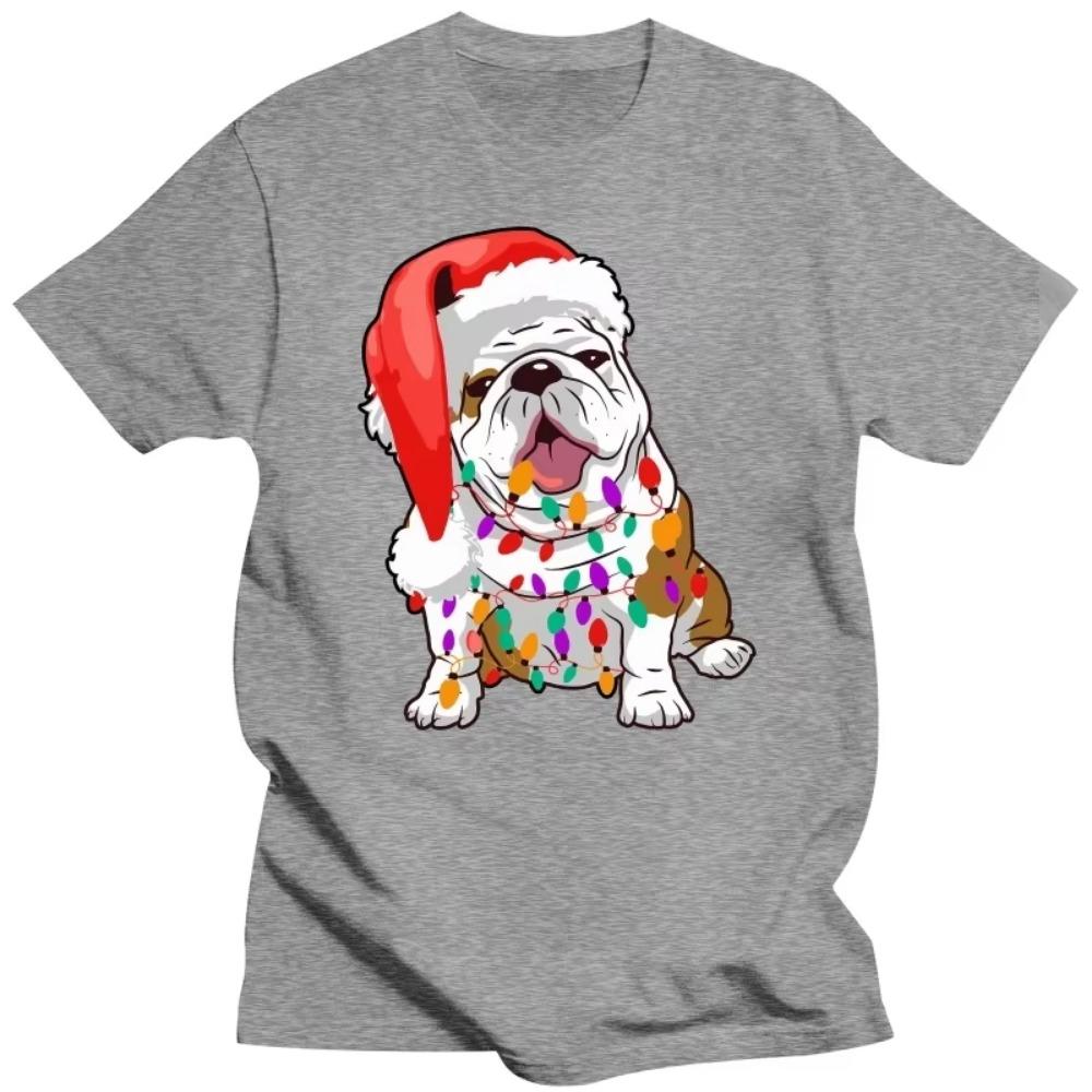 Cute Bulldog Christmas Lights Dog T Shirts Summer Graphic Cotton Streetwear Short Sleeve Birthday Gifts T-shirt Mens Clothing