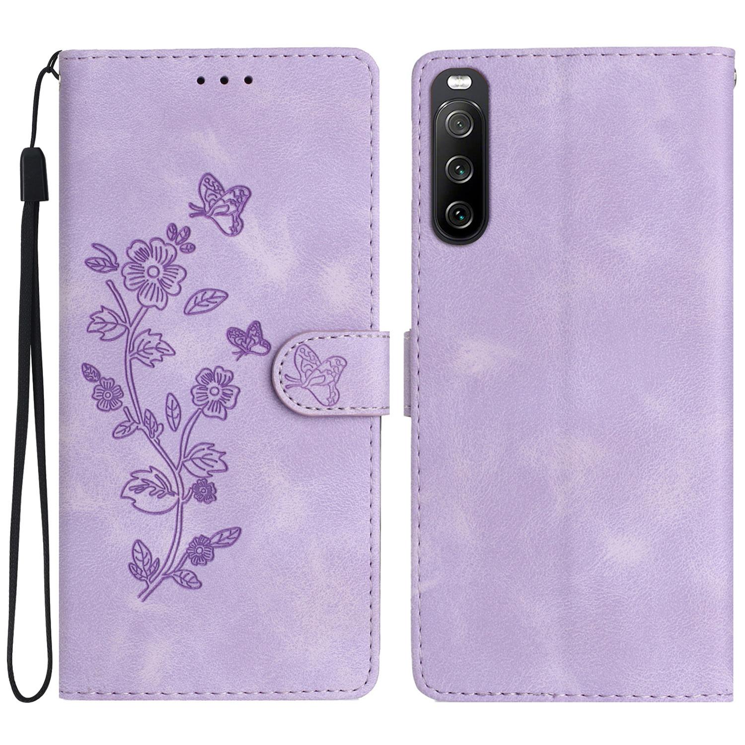 

Leather Case for Sony Xperia 10 V,Fingerprint Proof Wallet Stand Flower Imprint Phone Cover Purple
