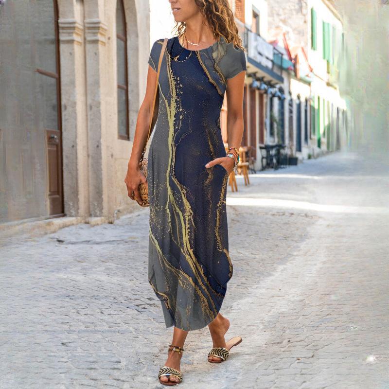 IHUASU Women's O Neck Plug Pocket Short Sleeve Trendy Printed Dresses