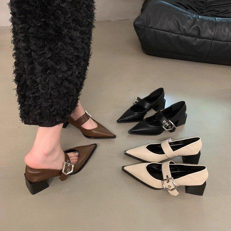 

Women s Retro Pointed Mary Jane Leather Shoes - 2024 Spring/Autumn Korean French Style with Thick Heels 35