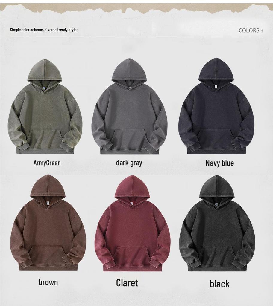 Women's Heavyweight Washed Hooded Sweatshirt, Loose Fit, Solid Color, No Drawstring, American Style, Long Sleeve, Versatile Base Layer