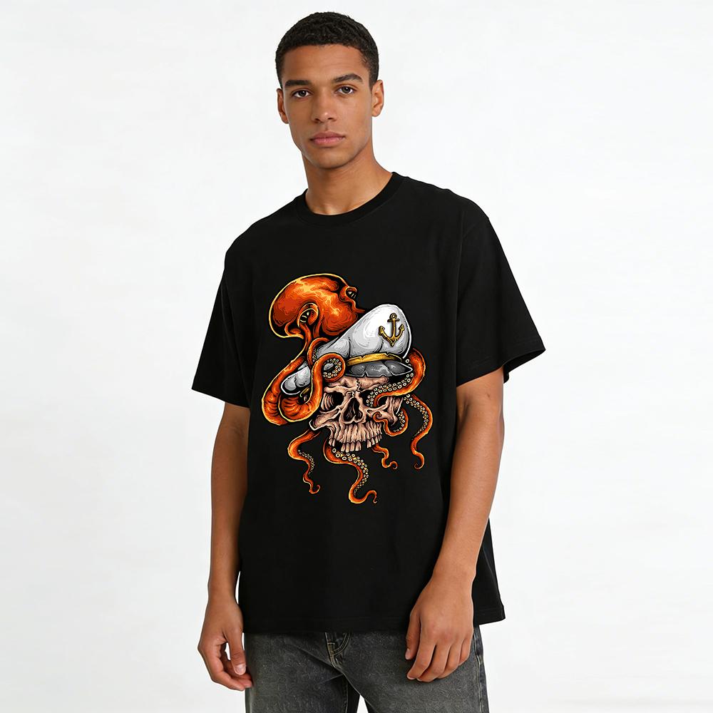 Vintage Captain Skull Octopus Print Casual Short Sleeve T-Shirt Pure cotton T-shirt