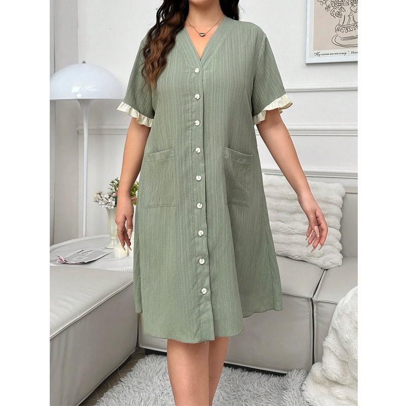 Womens V-Neck Cardigan Dress Pajamas Loose Plus Size Loungewear