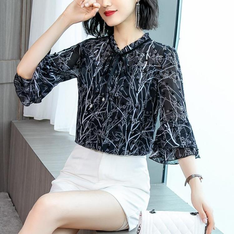 New Summer Floral Chiffon Top Women Short Sleeve Shirt Spring Fashion Blouse