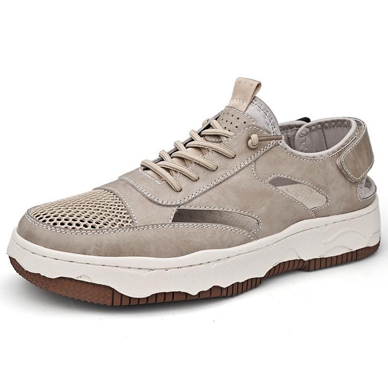 High-end leather sports board shoes men's hollow mesh platform sandals