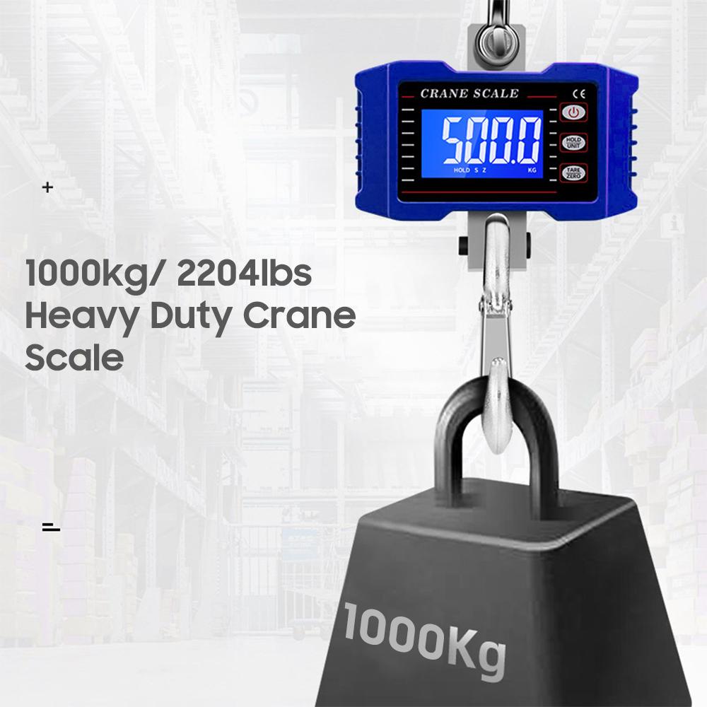 Digital Hanging Scale with Remote Control 1000kg/ 2204lbs Portable Hvy Duty Crane Scale LCD Backlight Industrial Hook Scales Unit Change/ Data Hold/ T
