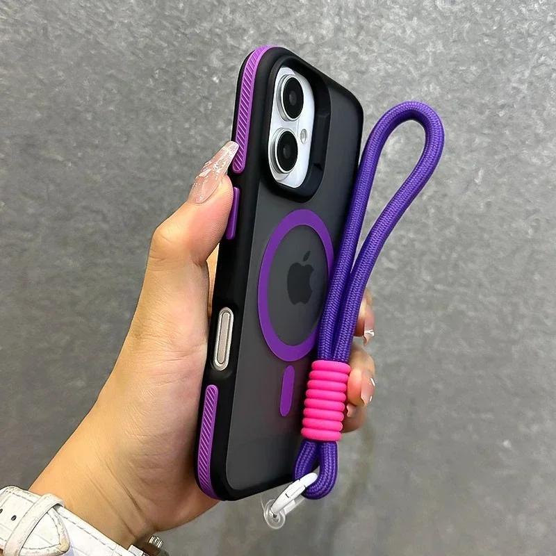 Luxury With Lanyard Magsafe Matte Phone Case For iPhone 17 16 15 14 13 12 11 17 Pro Max Air Magnetic Color Bumper Back Cover