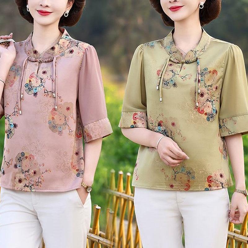 Stand Collar Loose Blouse Summer Vintage Floral Printed Women Folk Chinese Disc Buckle Half Sleeve Shirt