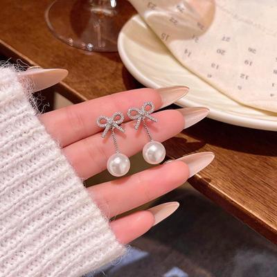 Korean Sweet Bow Tassel Pearl Earrings for Women - Versatile and Elegant Jewelry