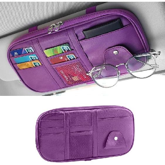 Car Sun Visor Organizer, Multi-Pocket PU Leather Sunglass Holder And Storage Pocket With Net Zipper, Card Sleeve Pocket Organizer, Auto Interior