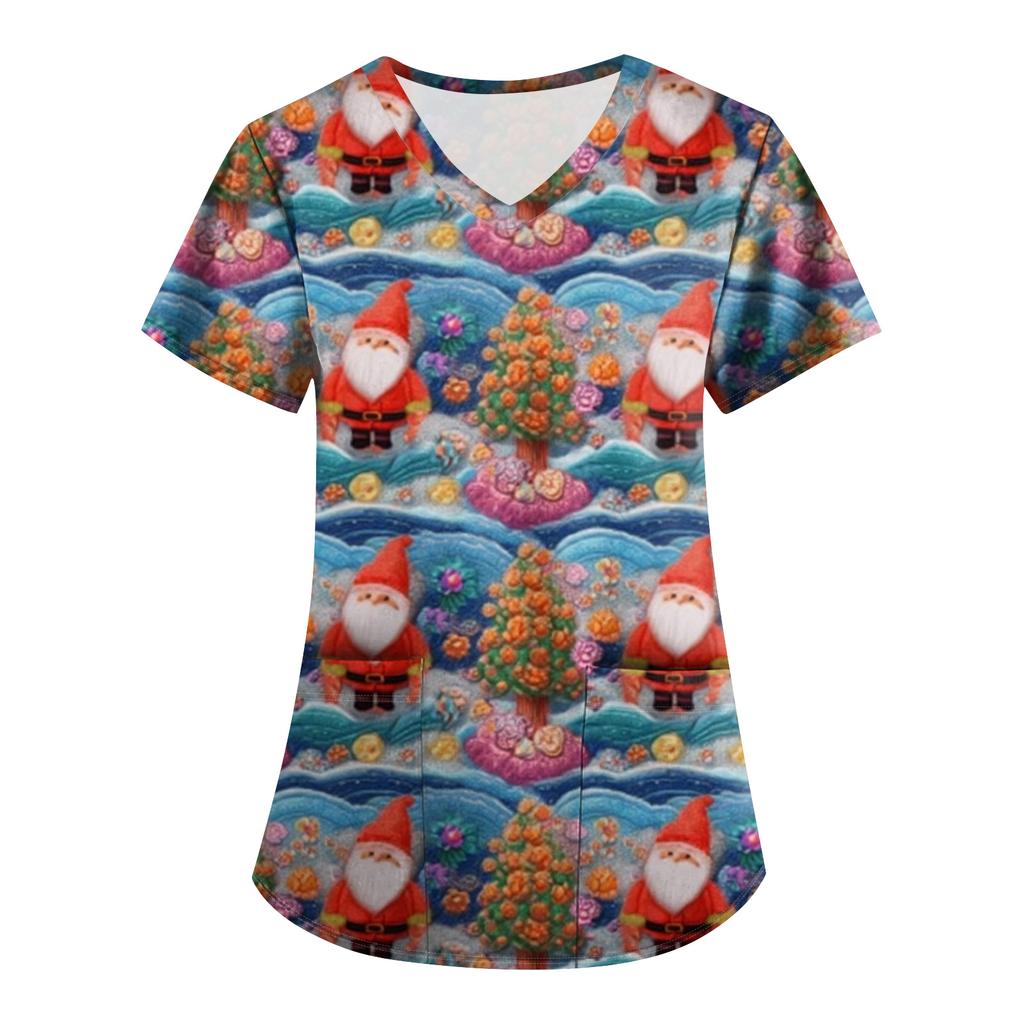 Plus SizePrinted Scrub Working Uniform Tops For Women's Cross V-Neck Print Short Sleeve Fun T-Shirts Workwear Tee With Pockets