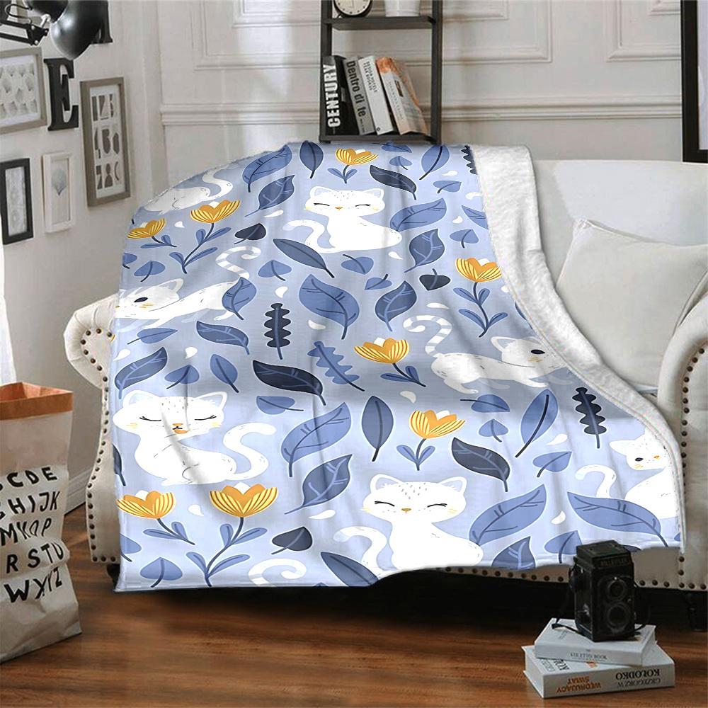 1pc Cats Flowers Lightweight Flannel Blanket, Comfortable and Warm Blanket, for Office and Camping Sofa Bed, Livingroom147