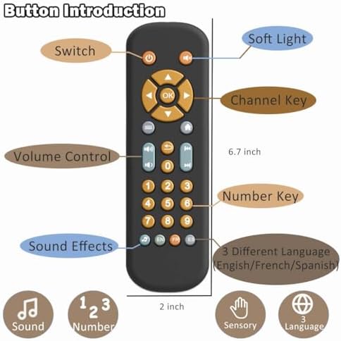KOESMG Baby TV Remote Control Toy with Lights & Sounds, Early Educational Learning Toy with English/French/Spanish, Gift for Infants 6 Months+