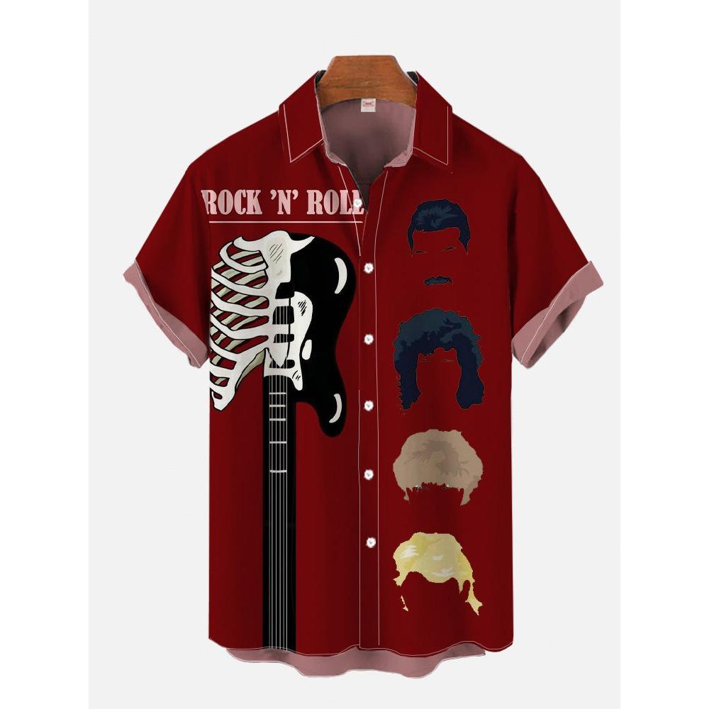 Eye-Catching Fire Electric Guitar Music Elements And Street Scenes3D Printing Short Sleeve Shirts For Men Fashion Hawaiian Shirt