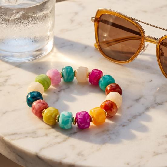 Boho Beaded Bracelets Colorful Acrylic Beads Bracelets Adjustable Length Lightweight Bracelets Lightweight Jewelry for Women Girls Daily Wear