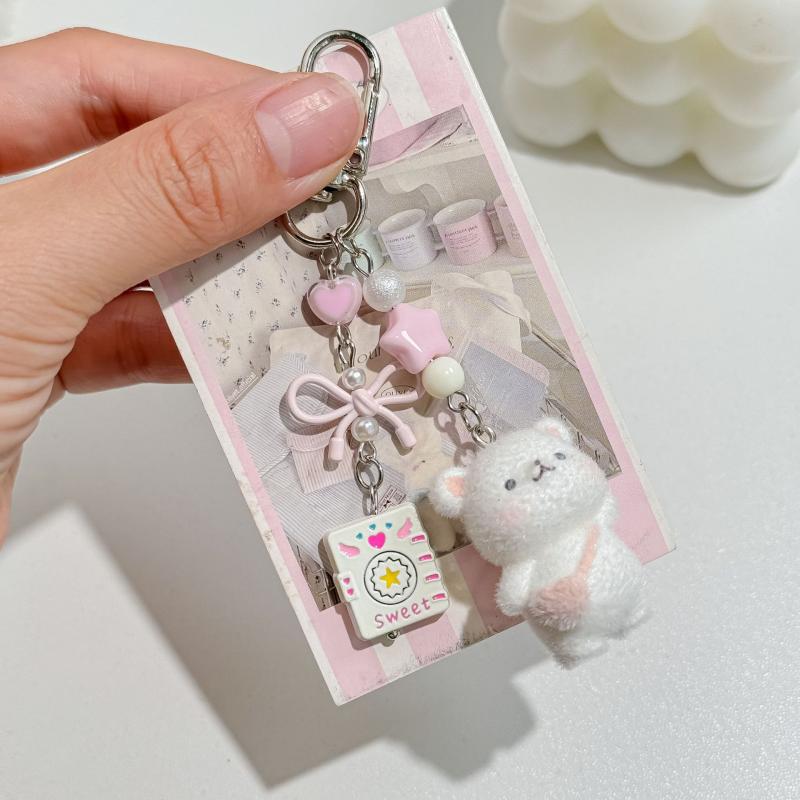Creative Flocking Bear Bag Pendant Car Keychain Small Animal Mobile Phone Pendant For Girl Women Gift Bag Decoration