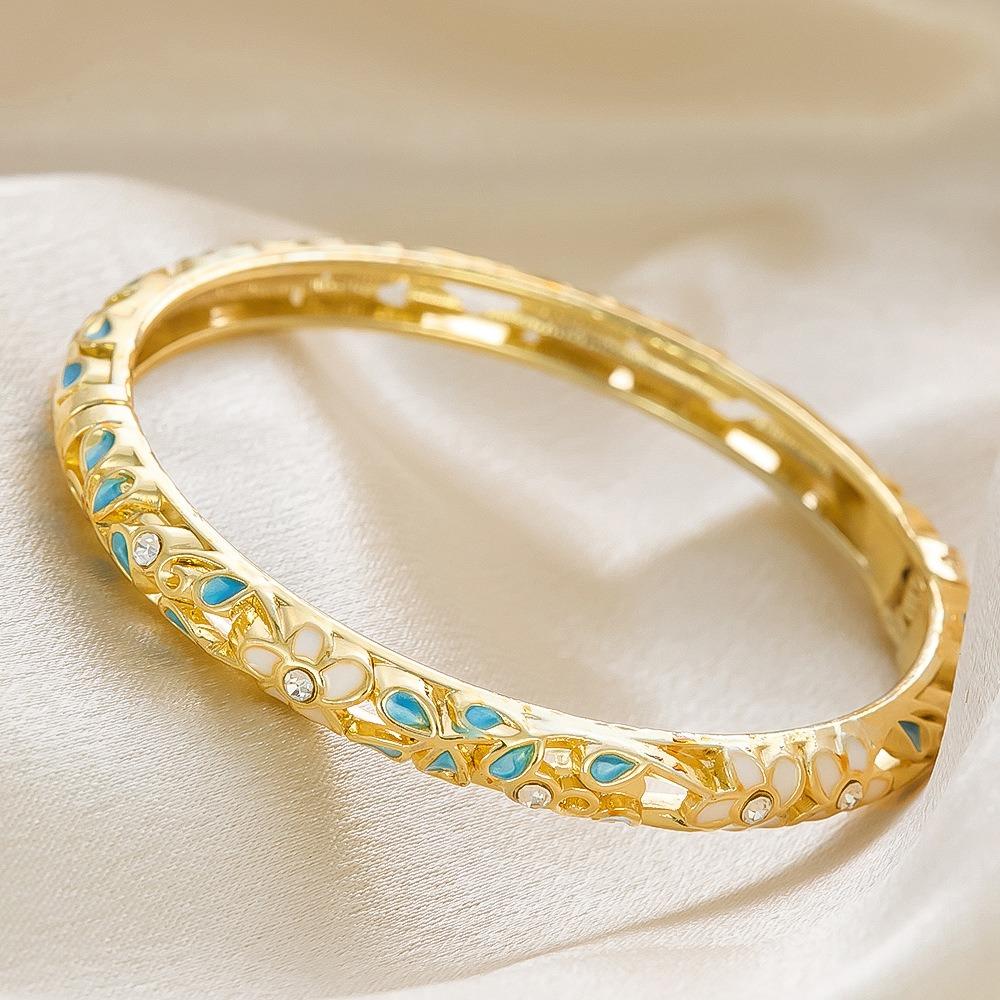 New Colorful Enamel Floral Bangle Chinese Style Handmade Open Cuff Bracelet Gold Plated Elegant Diamond Bangle Women