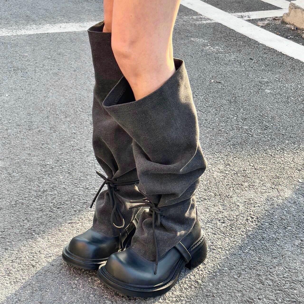 

Нишевый дизайн модные длинные сапоги 2025 лето новые ретро Spice Girls сапоги-чулки толстый каблук тонкие сапоги-рыцари 42