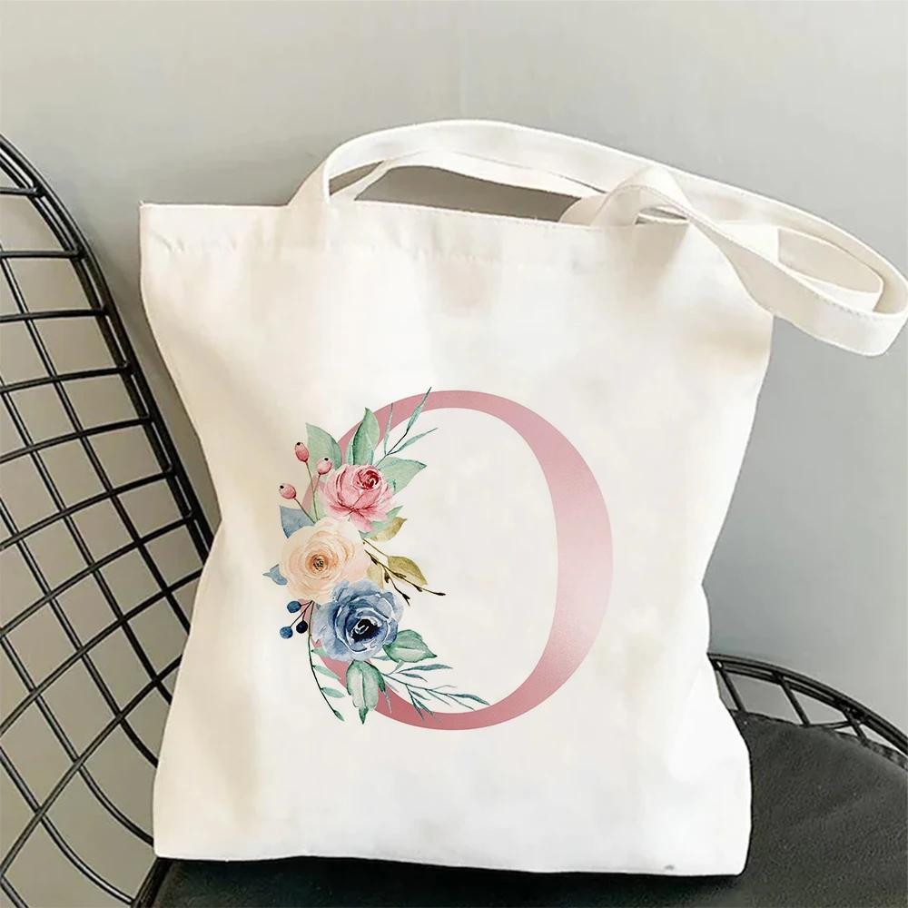 Blumen Alphabet A-Z Damen Einkaufs-Tragetaschen Canvas Große Kapazität Studenten Toilettenartikel Organizer Lässige Tragetasche Buchstaben-Taschen Geschenk