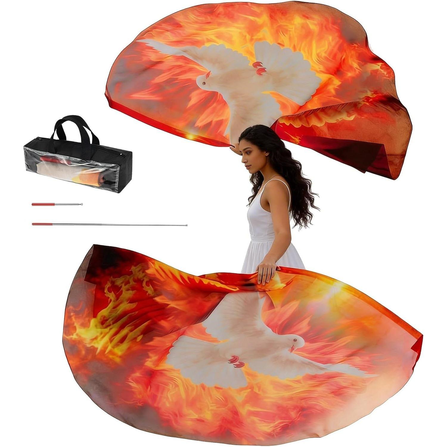 

2Pcs White Dove Fire Worship Flag with Telescopic Rod, Storage Bag,Portable Fire Cloud Pattern Semicircle Fiery Worship Flag,Praise Dance Flags B