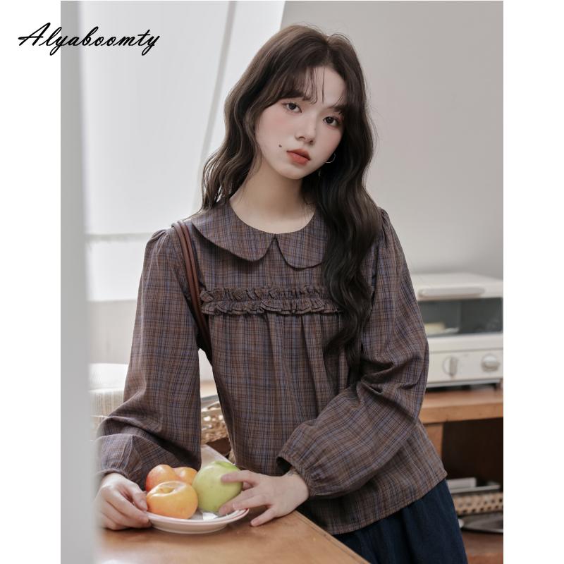 

Японская Мори Герл Весна Осень Женская Блузка Воротник Питер Пэн Клетчатая Свободная Рубашка Длинный Рукав Сладкая Мешковатая Повседневная Рюши Женские Блузы S