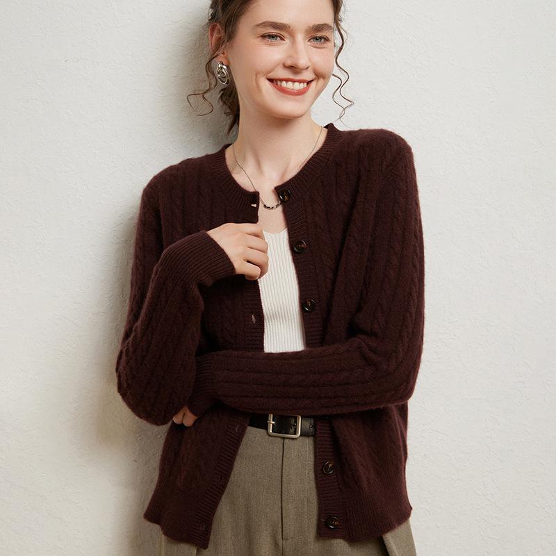 Women's Seven-Stitch Cable Knit Cashmere Cardigan - Long Sleeve, Loose Fit, Slimming, Warm, Round Neck, Single-Breasted