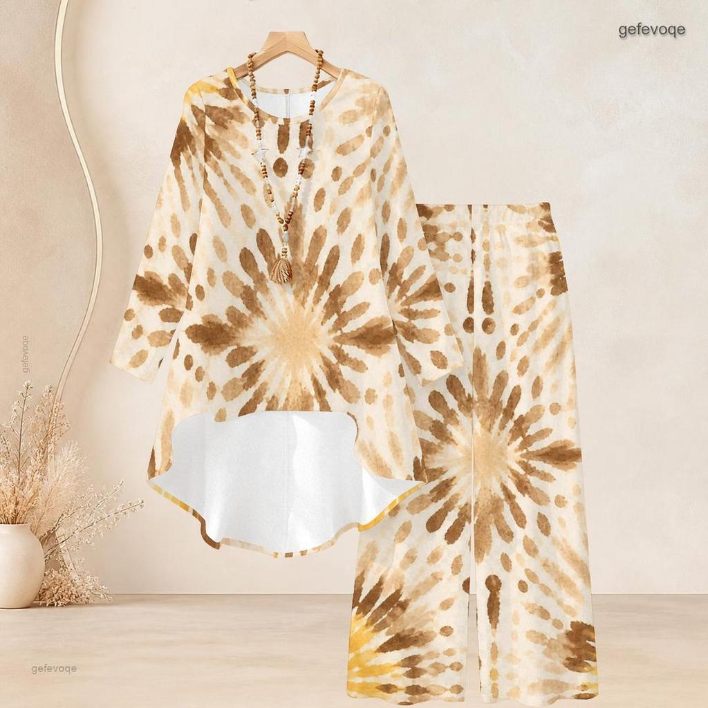 Women Plus Size Two Piece Set Round Neck Long Sleeve Printed High Low Top Wide Leg Pants