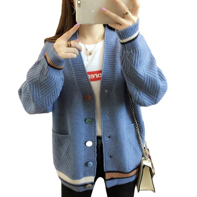 Korean Style V-Neck Knit Cardigan: Trendy Autumn/Winter Color Block Sweater for Women