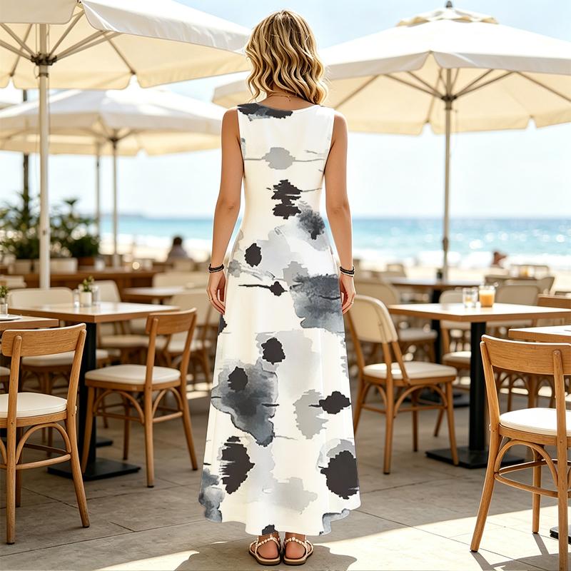 Sleeveless Ink Wash Print Summer Maxi Dress Loose Fit Lightweight Flowy,Ideal for Daily Commute,Vacation,Elegant Casual Outfit