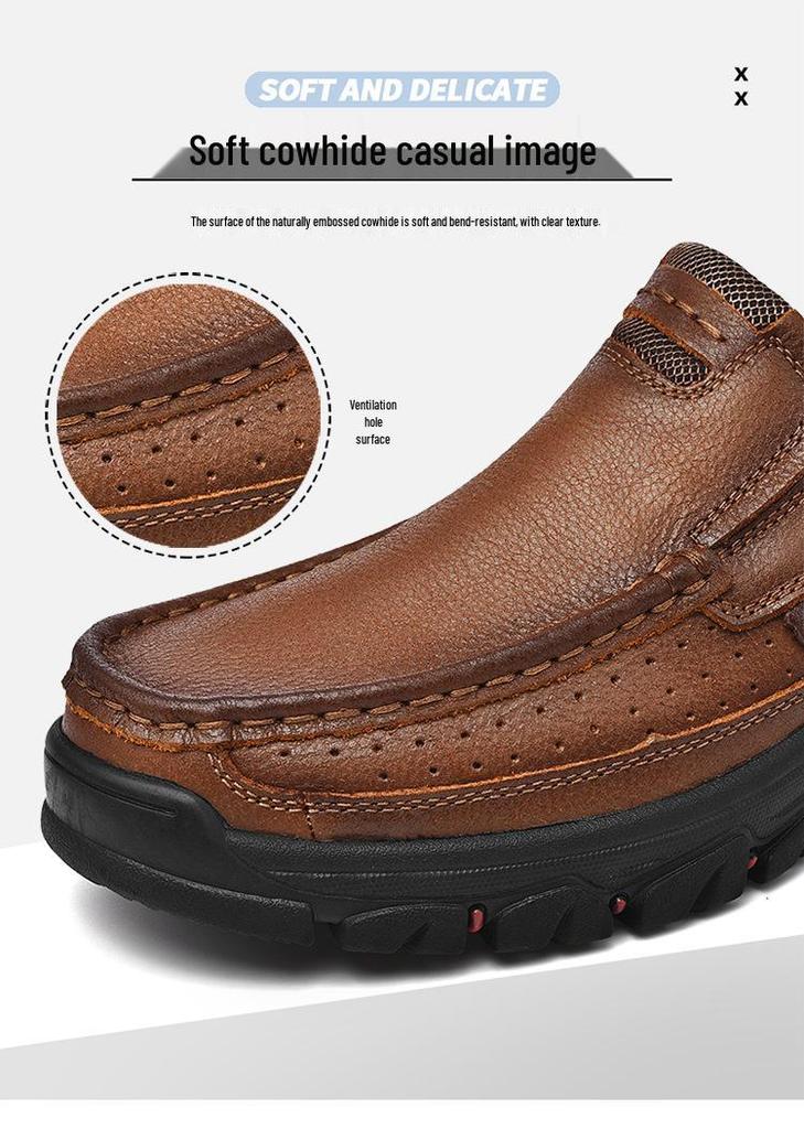 Men's Outdoor Casual Slip-On Leather Shoes - Large Size, Non-Slip, Wear-Resistant, Soft Sole