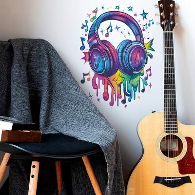 Lebhaft bemalte Kopfhörer Musiknoten Schlafzimmer Wohnzimmer Zuhause Wandhintergrund Verschönerung Dekoration Wandaufkleber