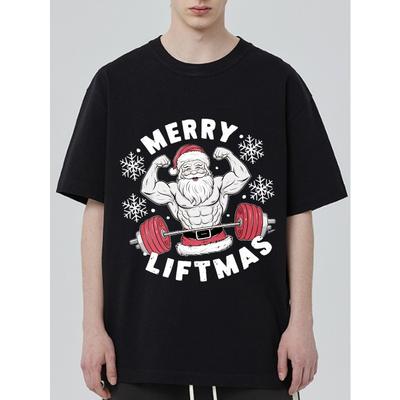 Ανδρικό Χριστουγεννιάτικο T-Shirt Μαύρο Άγιος Βασίλης Σηκώνει Μπάρα Merry Liftmas Εκτύπωση Casual Αθλητικό T-Shirt για την Εορταστική Περίοδο