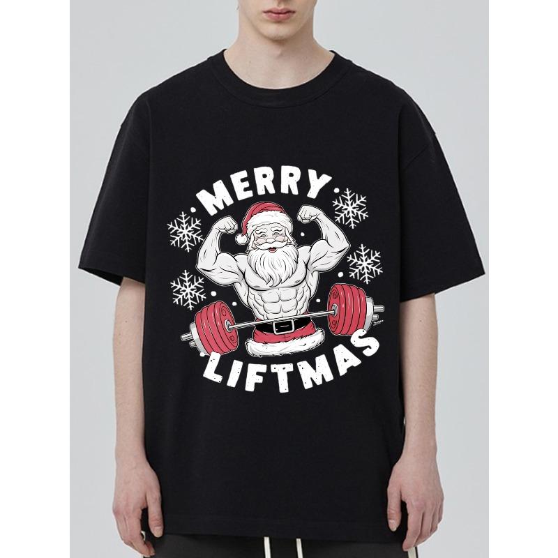 Mens Christmas T Shirt Black Santa Claus Lifting Barbell Merry Liftmas Print Casual Holiday Workout Tee for Festive Season