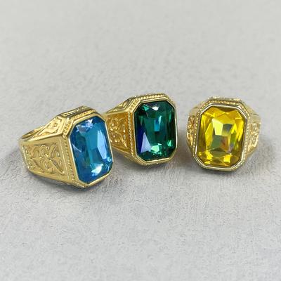 HIP Hop Cool 316L Stainless Steel Gold Color Ring Vintage Retro Pattern Man's Black Yellow Green Red Stone Women Gift Ring