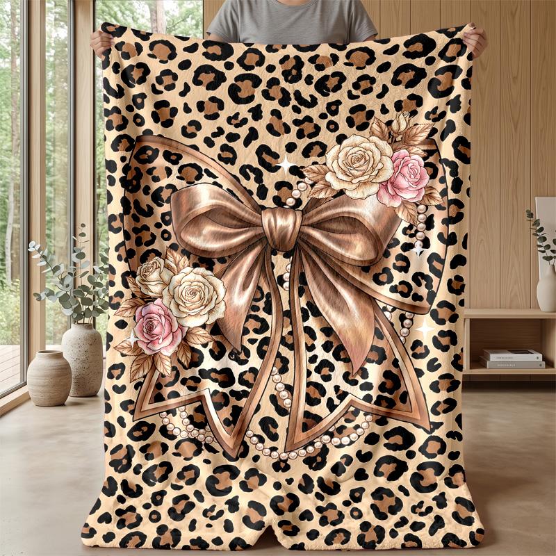 Leopard Print Bow Design Theme Blanket Lightweight Warm Flannel Blanket Decorative Throw Blanket for Home Decoration