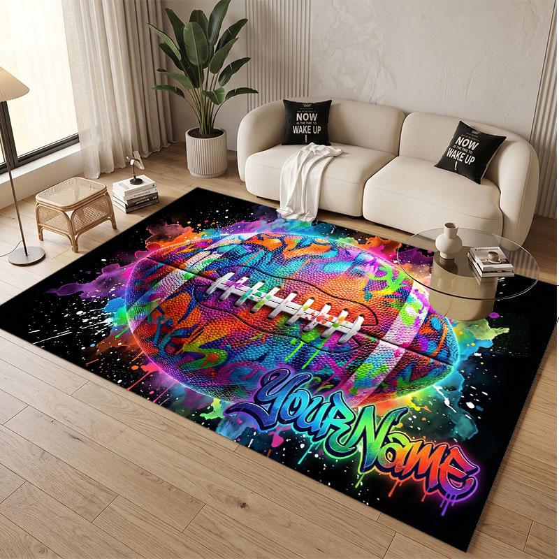 American Football Theme Soft Crystal Velvet Rug Custom Name & Text Print Non Slip Floor Rug for Bedroom Living Room