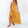 IHUASU Dames Lange Mouwloze Vintage Boho Getailleerde Jurk in Effen Kleur met Strapless Gestikte Zoom