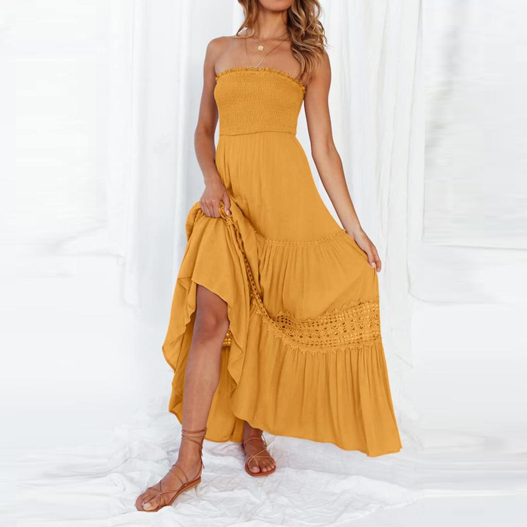 IHUASU Dames Lange Mouwloze Vintage Boho Getailleerde Jurk in Effen Kleur met Strapless Gestikte Zoom