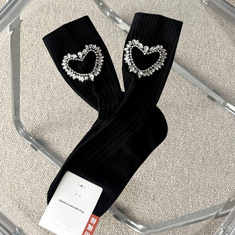 Crystal Rhinestone Heart Socks Cotton Mid-calf Socks Women Soft Y2K Tube Socks  Female