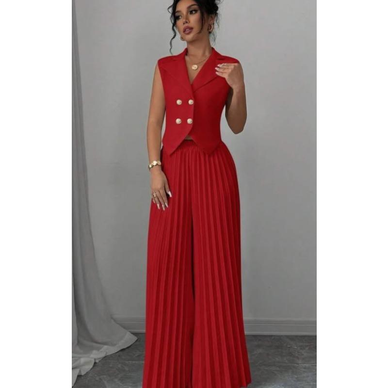Women's Sleeveless Double Breasted Blazer Vest Two Piece Set High Waist Pleated Wide Leg Pant Elegant Casual Outfit