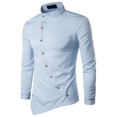 Spring and Summer New Men's Personality Oblique Button Irregular Embroidery Collar Long Sleeve Shirt