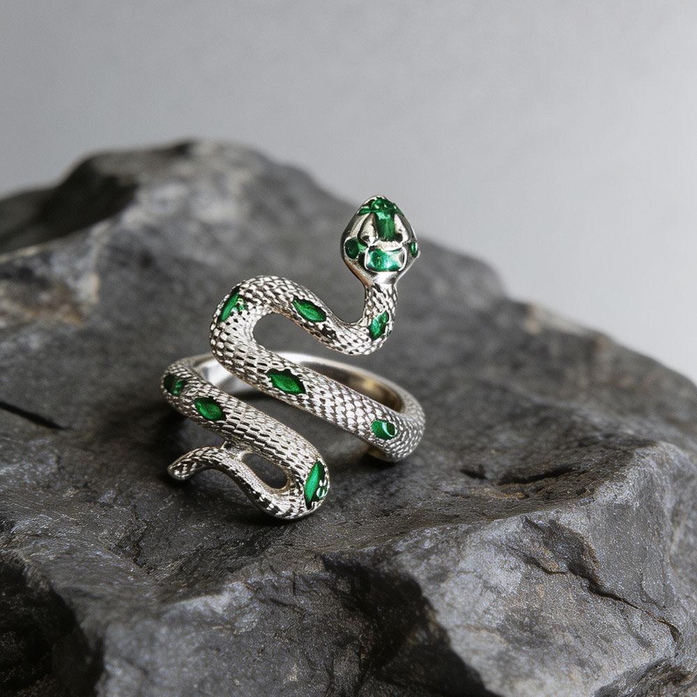 Snake Shaped Open Ring For Women Men Vintage Green Enamel Zircon Irregular Adjustable Finger Rings Jewelry
