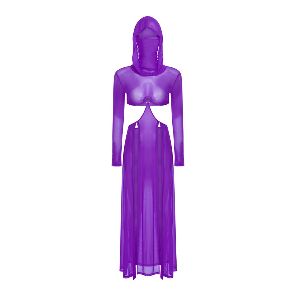 Women Sheer Maxi Dress High Slit Design Hooded Face Cover Long Sleeves Hollow Out Mesh Coverup Gown