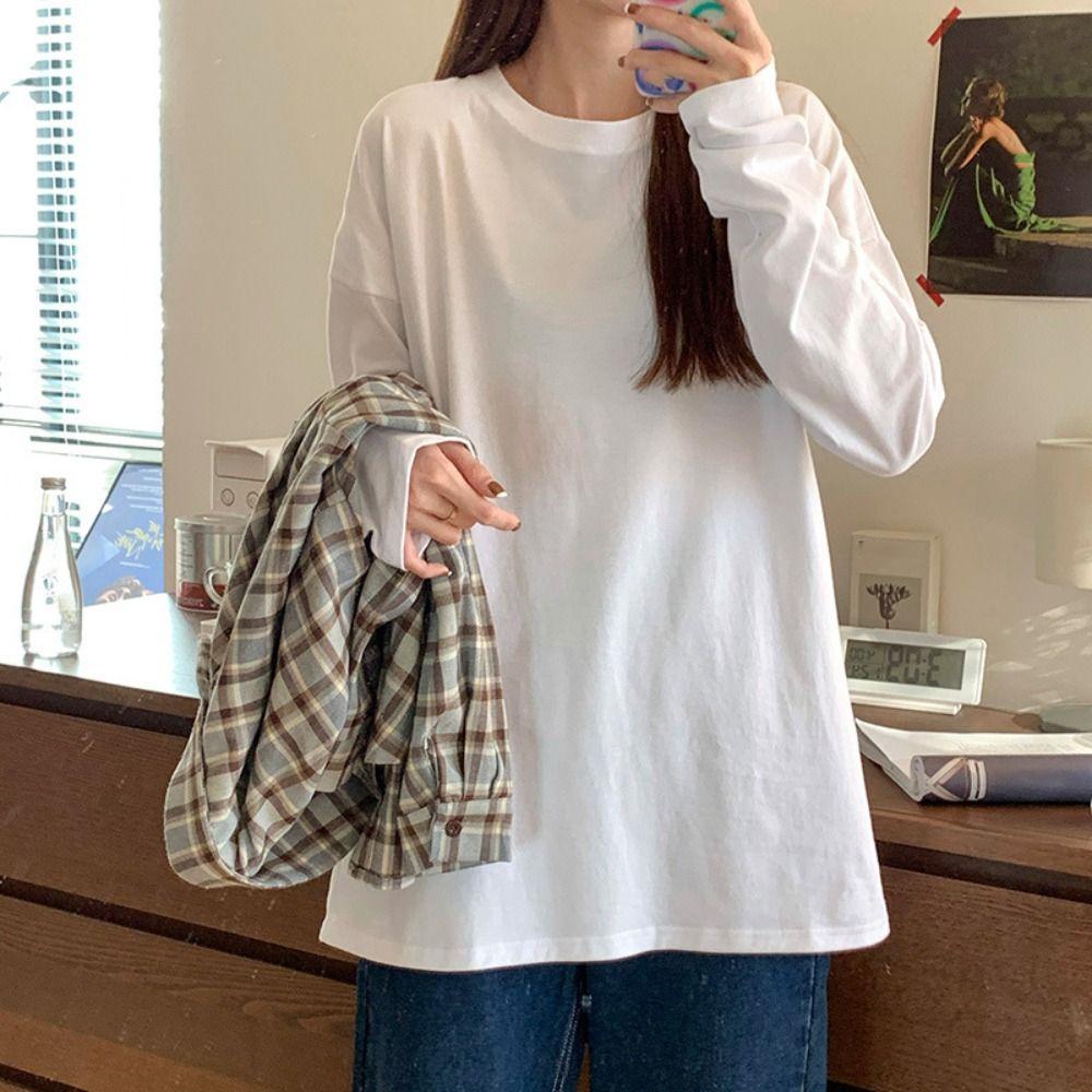 

Basics Tees Women s Pure Color T-shirt White Long Sleeve Top Vintage Travel L білий
