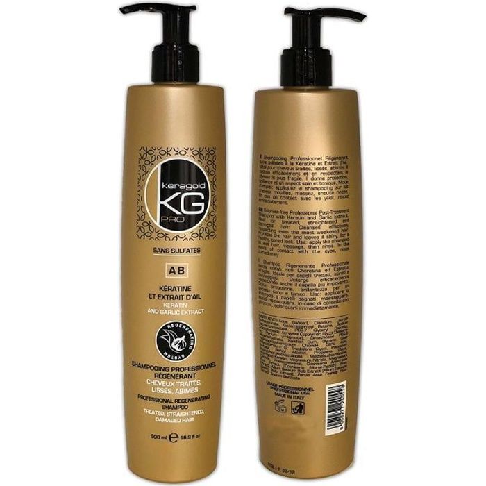Shampoing SANS SULFATES À La KERATINE & EXTRAIT D'AIL - KERAGOLD Pro - AB Kératine - 500ml
