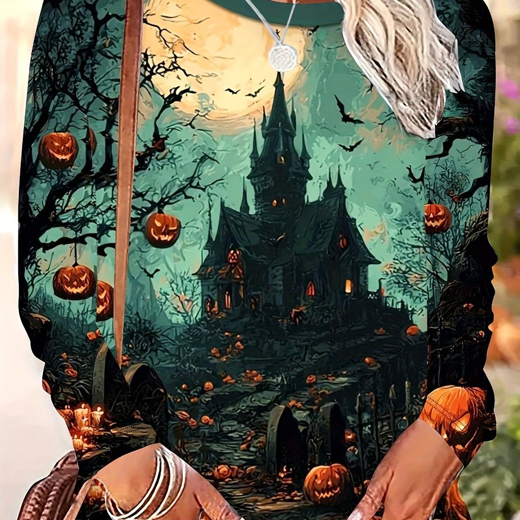 Women's Halloween Pumpkin Castle Print Long Sleeve T-Shirt