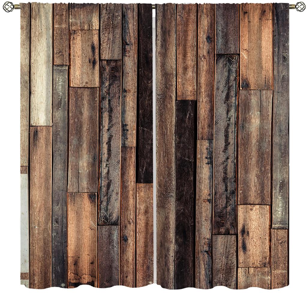 Rustic Vintage Wood Plank Blackout Curtain 2 Panels Aged Rough Wooden Board Texture Print Window Drape Warm Cabin Living Room