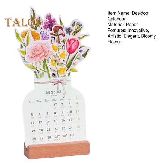 2025 Bloomy Flower Kalender Bloomy Flowers Tischkalender mit Holzsockel Tagesplaner für Lesezeichen Postkarte Wanddekoration