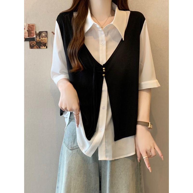 Plus size women clothing Belly Covering Fake Two Pieces Graceful Vest Shirts Female Summer Chubby Girl Slimming Shoulder Short sleeve Top