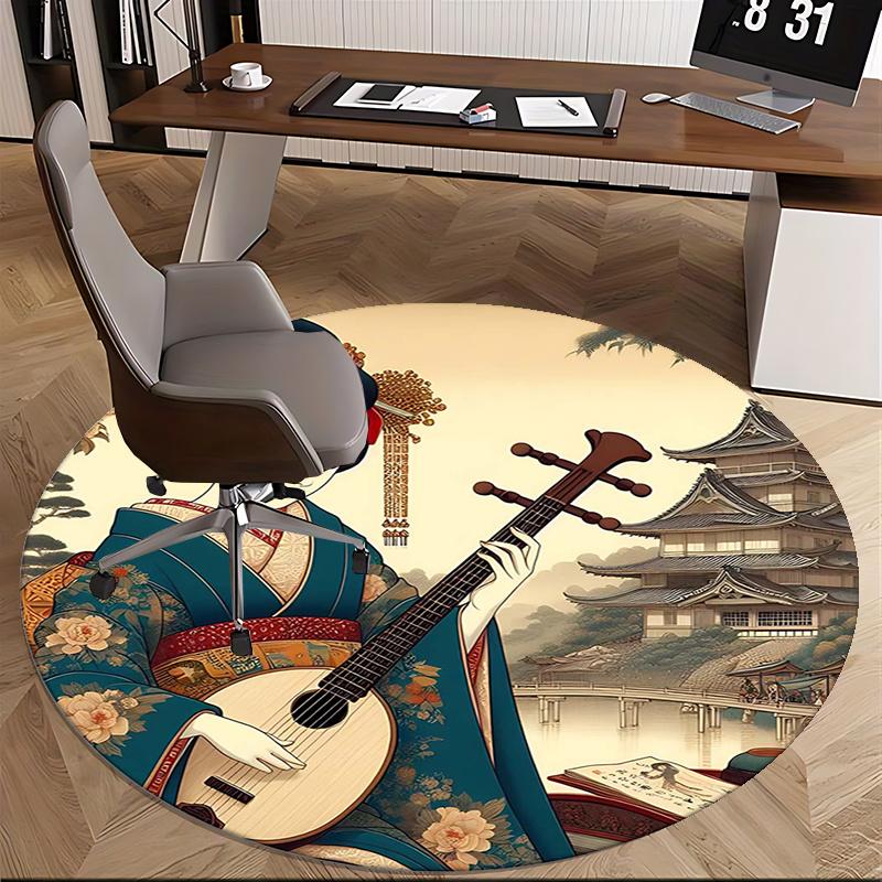 Traditional Japanese Kimono Chair mat Round Rug-Office carpet, Machine Washable, Non-slip, Suitable for Living Rooms, Bedrooms